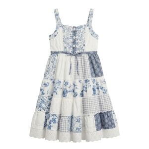 Cutey Couture Kids Blue White Patchwork Tiered Eyelet Dress Floral Gingham